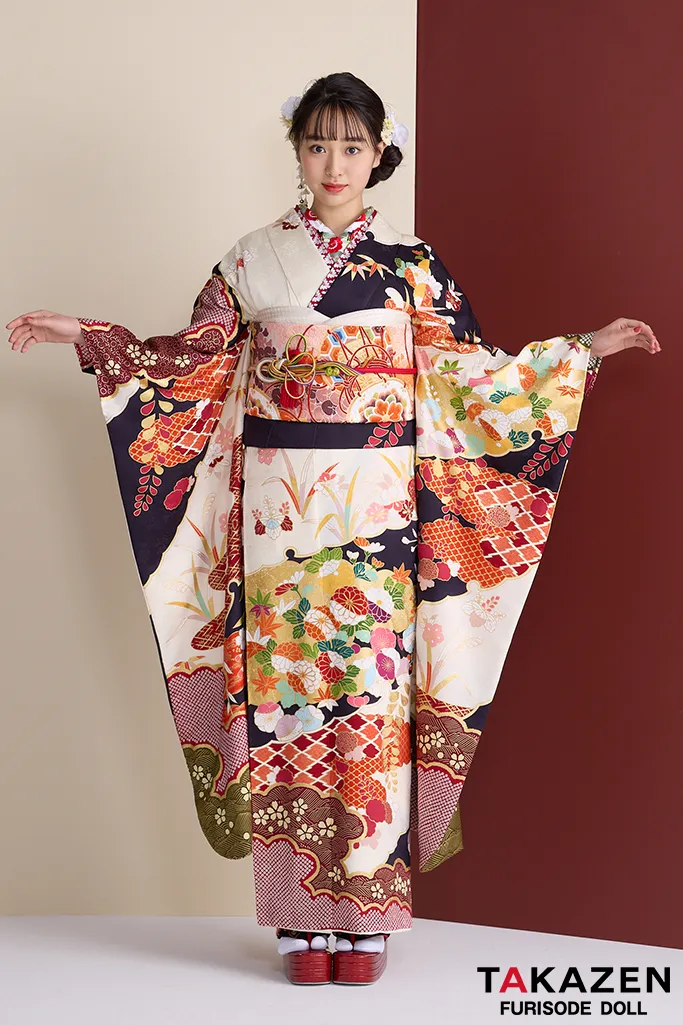 TAKAZENのレンタル振袖 高級古典振袖　青柳/最高級絞り手描友禅　白/紺/赤　柄小さめ　高級古典振袖　おしとやか　綺麗　藤岡舞衣【通販可】26051