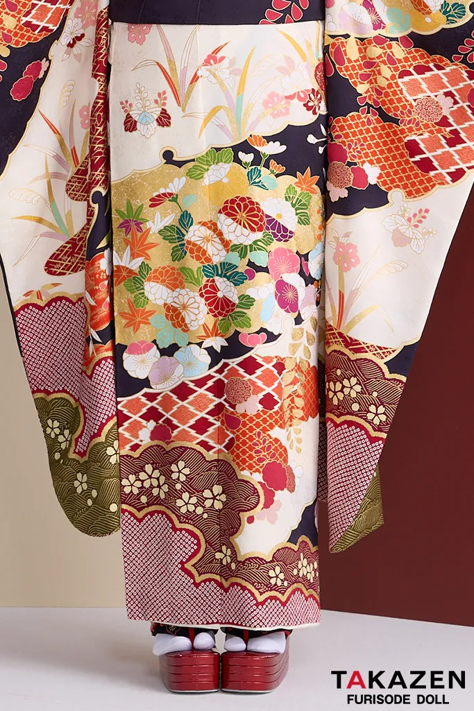 TAKAZENのレンタル振袖 高級古典振袖　青柳/最高級絞り手描友禅　白/紺/赤　柄小さめ　高級古典振袖　おしとやか　綺麗　藤岡舞衣【通販可】26051
