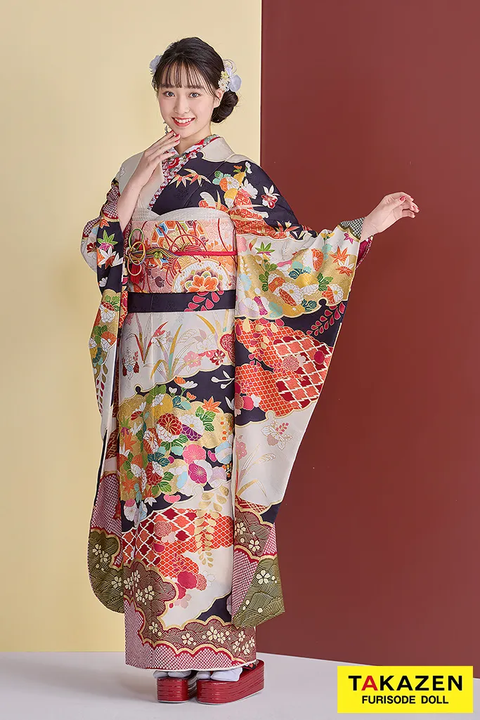 TAKAZENのレンタル振袖 高級古典振袖　青柳/最高級絞り手描友禅　白/紺/赤　柄小さめ　高級古典振袖　おしとやか　綺麗　藤岡舞衣【通販可】26051
