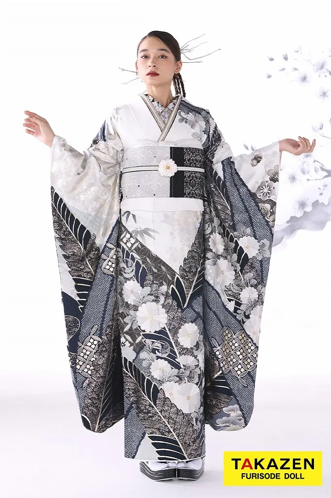 TAKAZENのレンタル振袖 最新作粋古典　白/グレー 　菊柄　スタイリッシュ　シック　かっこいい　大人っぽい　弓ライカ【通販可】26070　