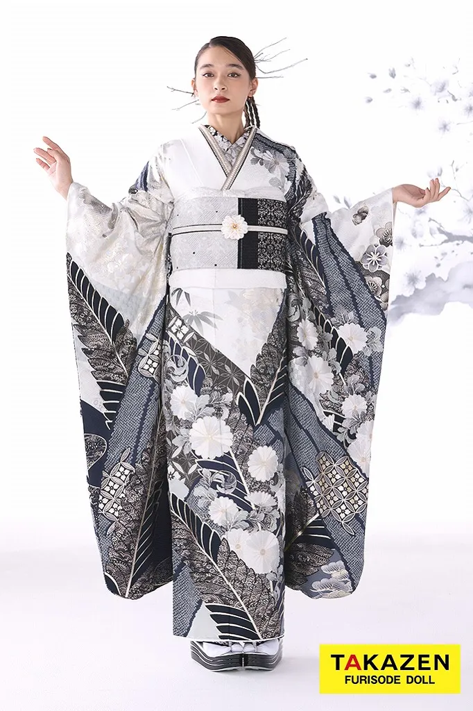 TAKAZENのレンタル振袖 最新作粋古典　白/グレー 　菊柄　スタイリッシュ　シック　かっこいい　大人っぽい　弓ライカ【通販可】26070　