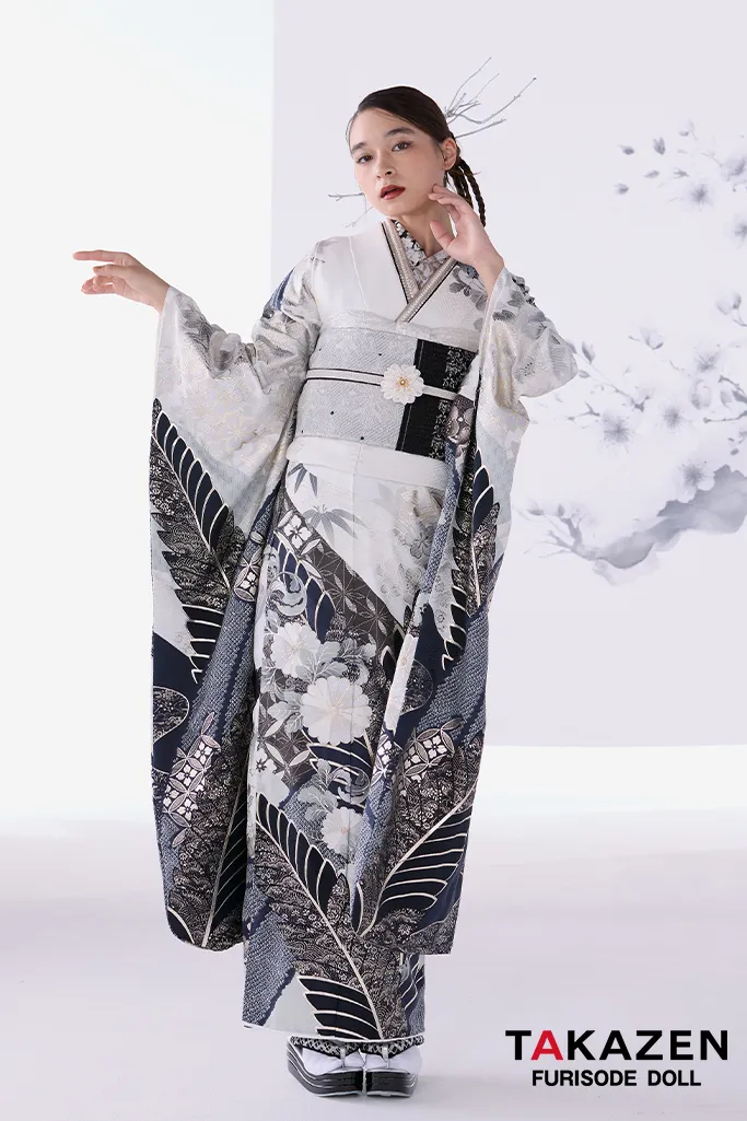 TAKAZENのレンタル振袖 最新作粋古典　白/グレー 　菊柄　スタイリッシュ　シック　かっこいい　大人っぽい　弓ライカ【通販可】26070　