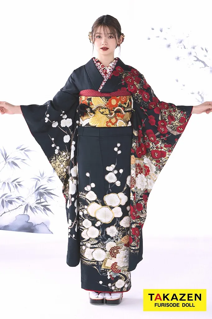 TAKAZENのレンタル振袖 最新作粋古典　黒/赤　梅柄/流水模様　かっこいい　大人っぽい　和柄　柄ちいさめ　渋い　南琴奈【通販可】26071