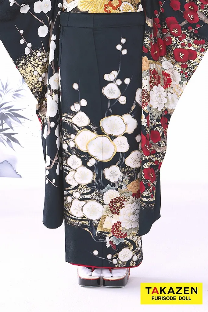 TAKAZENのレンタル振袖 最新作粋古典　黒/赤　梅柄/流水模様　かっこいい　大人っぽい　和柄　柄ちいさめ　渋い　南琴奈【通販可】26071