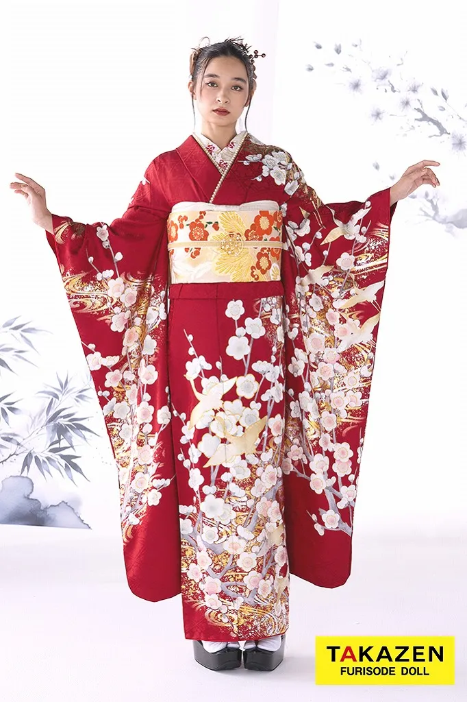TAKAZENのレンタル振袖 最新作粋古典　赤/白　鶴柄/梅柄/流水模様　大人っぽい振袖　かっこいい　綺麗　華やか　弓ライカ【通販可】26072