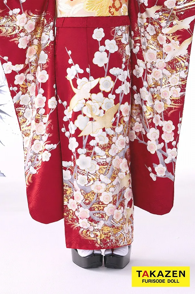 TAKAZENのレンタル振袖 最新作粋古典　赤/白　鶴柄/梅柄/流水模様　大人っぽい振袖　かっこいい　綺麗　華やか　弓ライカ【通販可】26072