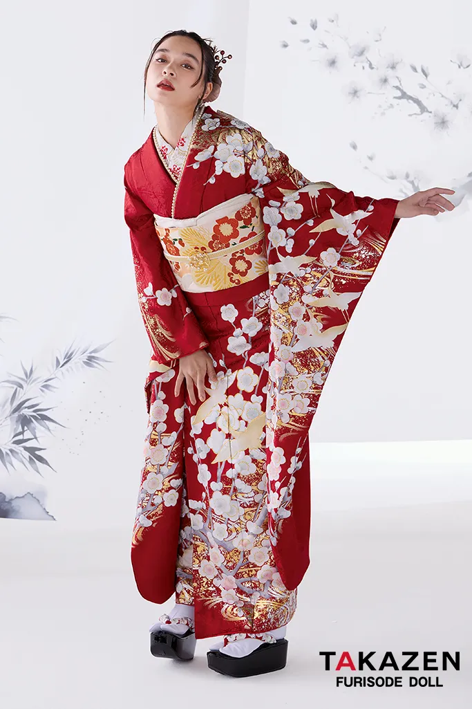 TAKAZENのレンタル振袖 最新作粋古典 赤/白 鶴柄/梅柄/流水模様 大人っぽい振袖 かっこいい 綺麗 華やか 弓ライカ【通販可】26072