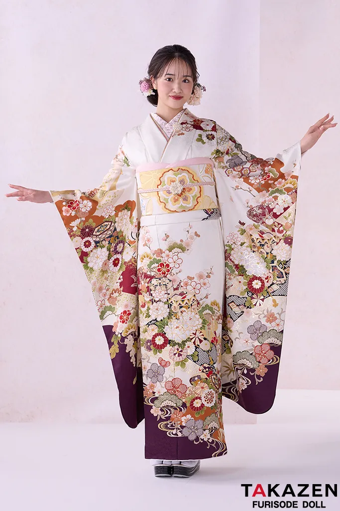 TAKAZENのレンタル振袖 正統派古典　白/エンジ　貝桶柄/菊柄　上品　大人っぽい　清楚な振袖　おしとやか　天翔愛【通販可】26076