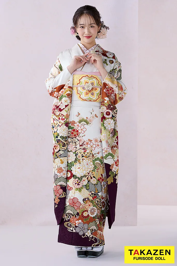 TAKAZENのレンタル振袖 正統派古典　白/エンジ　貝桶柄/菊柄　上品　大人っぽい　清楚な振袖　おしとやか　天翔愛【通販可】26076