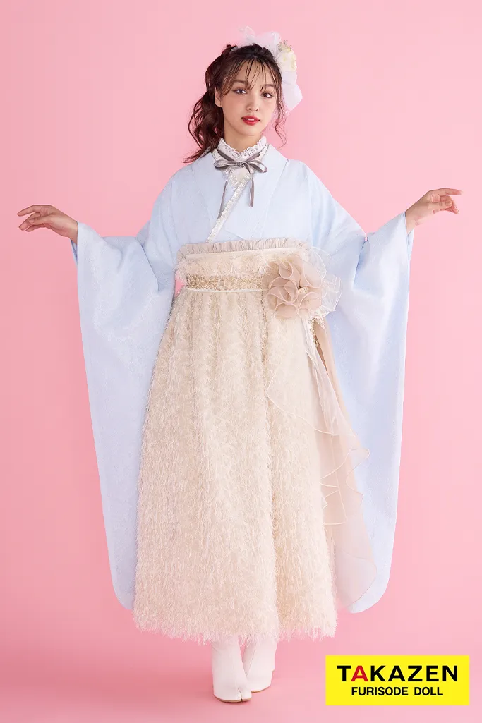 TAKAZENのレンタル袴 フレンチガーリー　水色/アイスブルー　ドレス袴　おしゃれ　洋風　ドレッシー　くすみ　リボンアレンジ　ブーツコーデ　香川るな【通販可】R26007