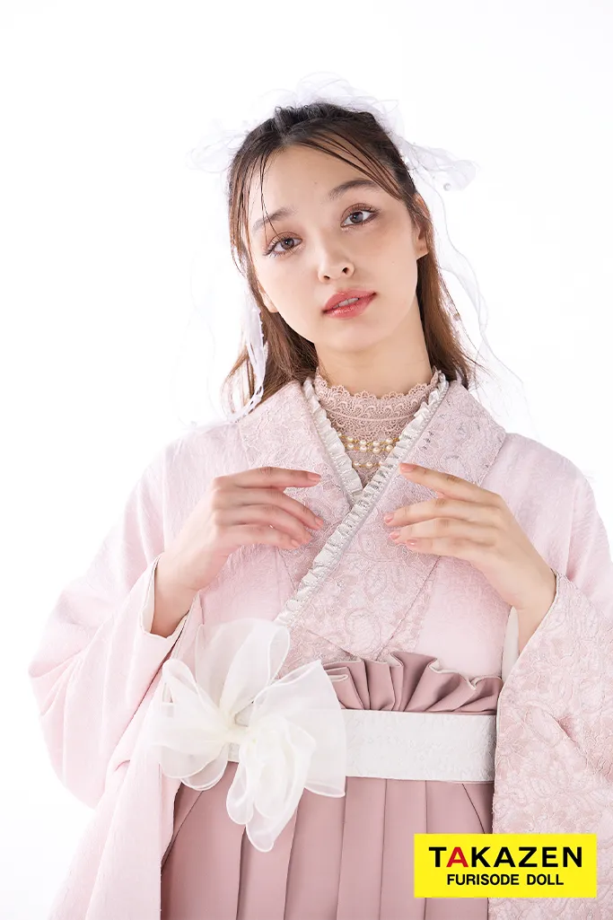 TAKAZENのレンタル袴 キュート＆ガーリー　ピンク　レース/ジャガード生地　ラブリー　かわいい　量産型　ゆめかわいい　香川るな【通販可】R26008