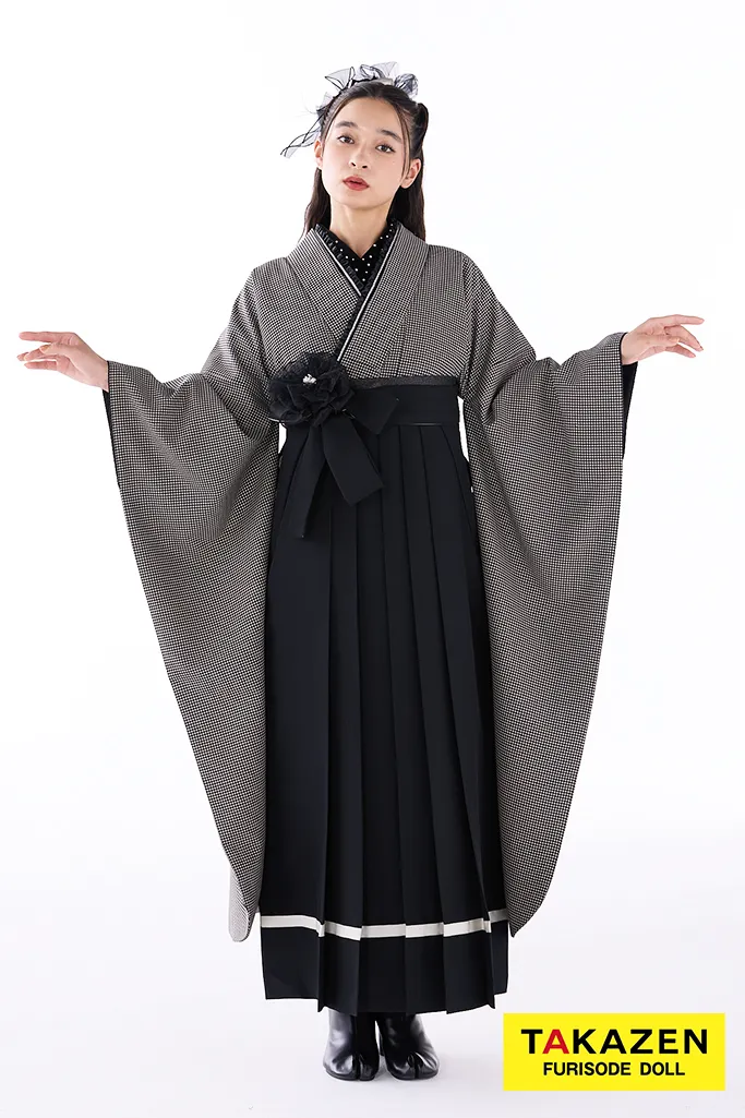 TAKAZENのレンタル袴 ヴィンテージスタイル　グレー　千鳥柄/チェック柄　かわいい　レトロモダン　おしゃれ　ブーツコーデ　弓ライカ【通販可】R26011