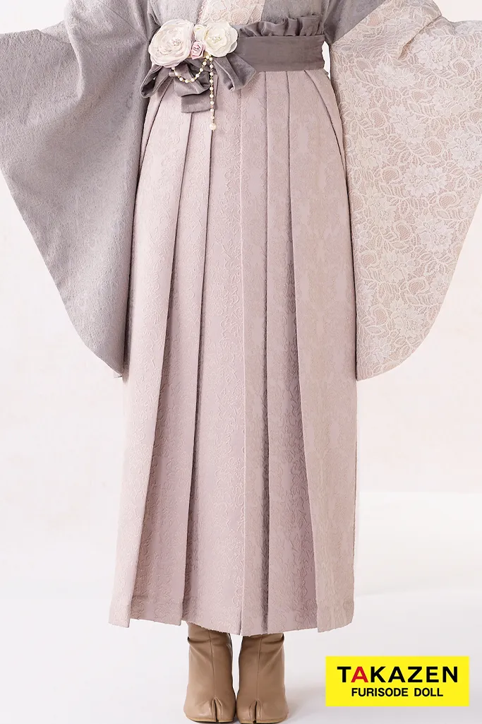 TAKAZENのレンタル袴 くすみカラーガーリー　グレー/ニュアンスカラー　立体花　レース生地　人とかぶらない　かわいい　葛西杏也菜【通販可】R26012