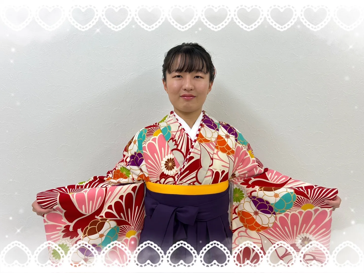 卒業式 袴 前撮り撮影会 JAPANSTYLE×中村里砂ブランド袴 ピンク/赤/オレンジ 鶴柄 可愛い 暖色系