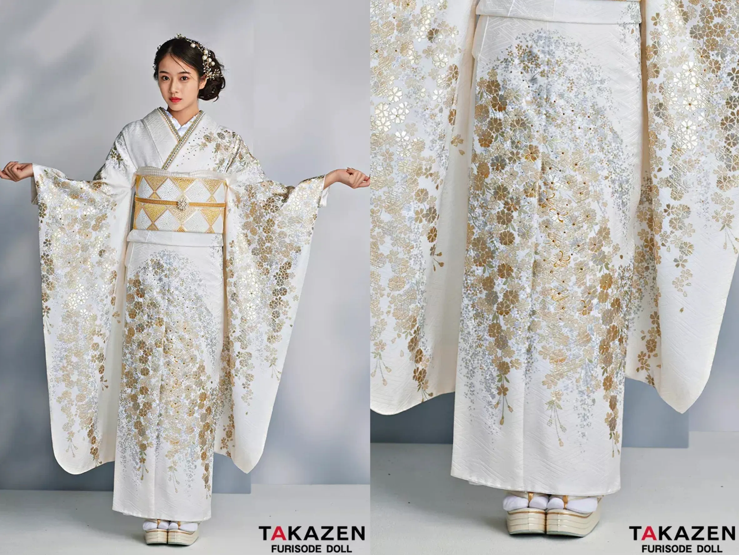 振袖 レンタル 奈良 最高級古典柄振袖 関芳/最高級金駒金彩刺繍友禅 白/金 サクラ柄 キラキラ 上品 正絹 無彩色 透明感のある 天翔天音