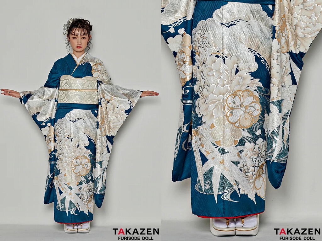 振袖　レンタル　奈良　帯　可愛い　アレンジ　華やか　綺麗　粋古典　ターコイズブルー/青/白　吉祥文様/流水模様　クール　寒色系　シック【通販可】25074
