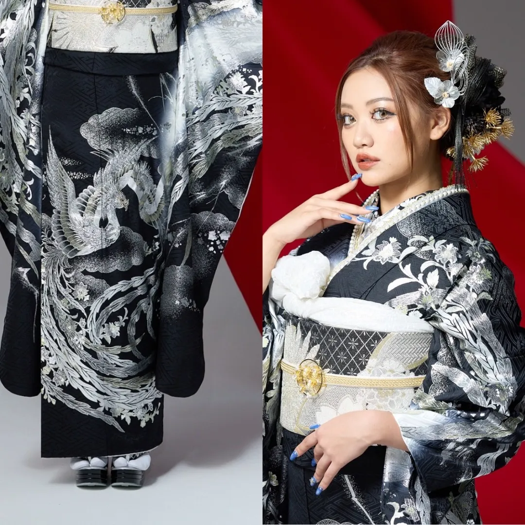 JAPANMODE　振袖　鳳凰　黒　シルバー