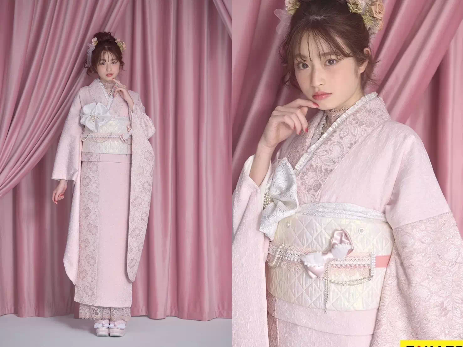 TAKAZEN神戸店 振袖 レンタル くすみカラー イマドキ ピンク 青色 黄色 かわいい リボン