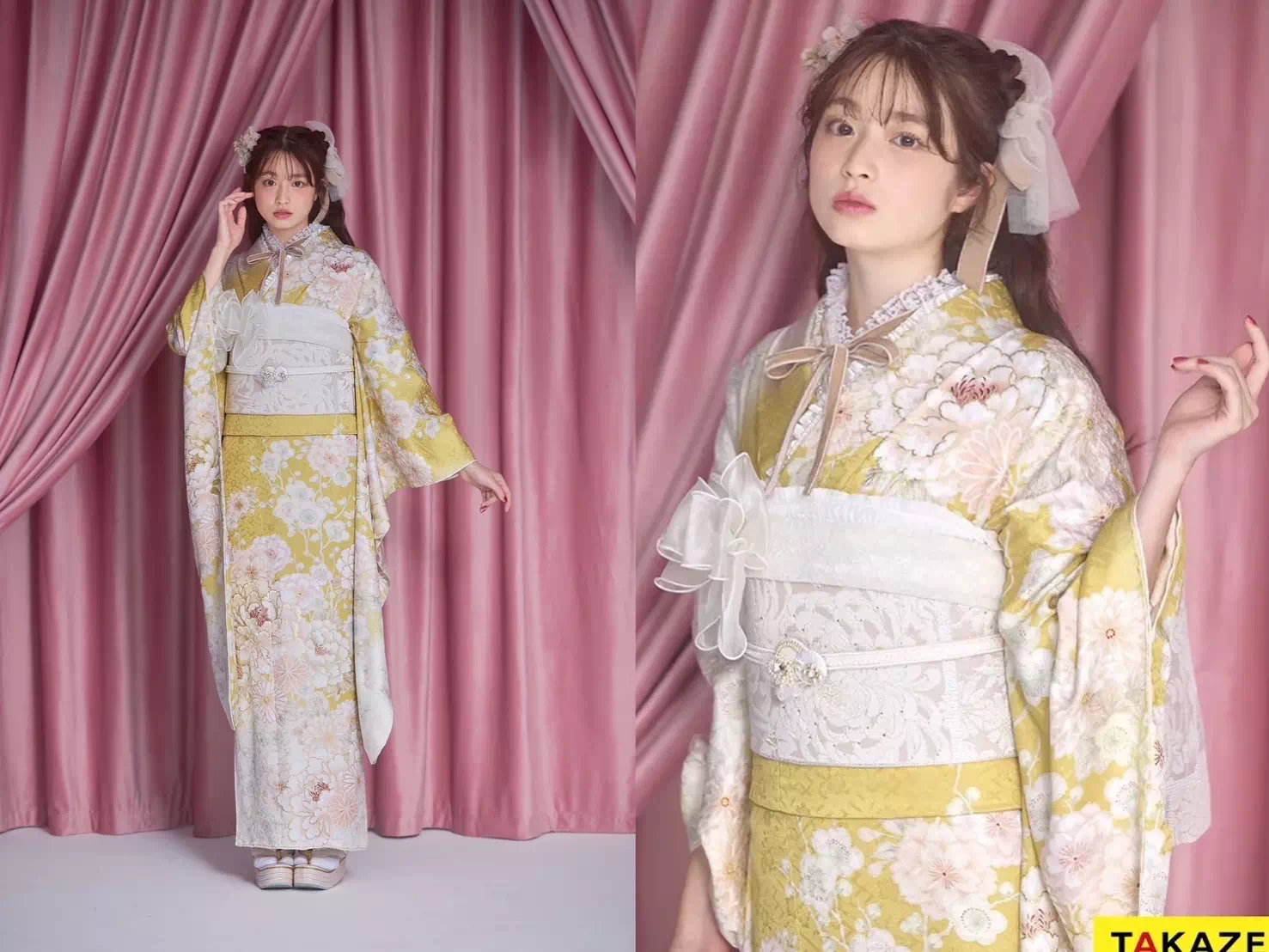 TAKAZEN神戸店 振袖 レンタル くすみカラー イマドキ ピンク 青色 黄色 かわいい リボン