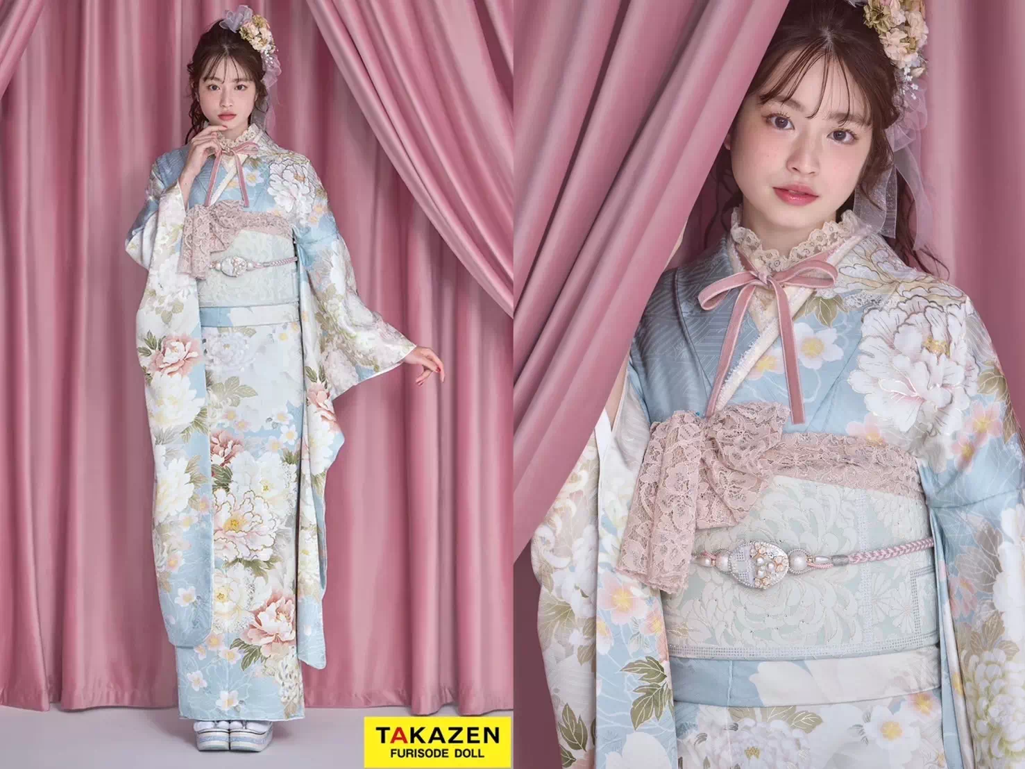 TAKAZEN神戸店 振袖 レンタル くすみカラー イマドキ ピンク 青色 黄色 かわいい リボン