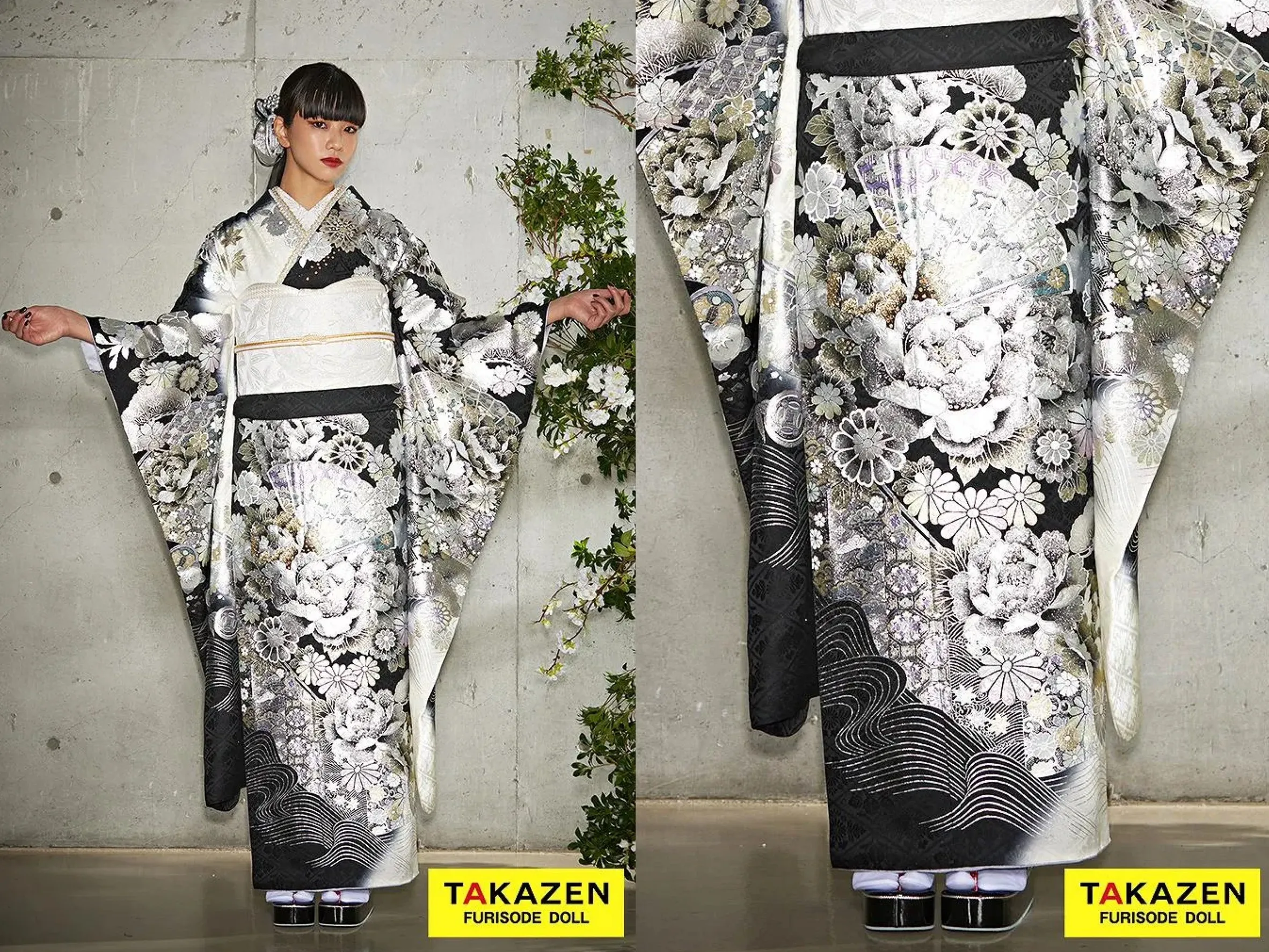 振袖　レンタル　奈良　帯　可愛い　アレンジ　華やか　綺麗　粋古典　シルバー/白黒　扇面柄/牡丹柄　かっこいい　大人っぽい振袖　キラキラスワロフスキー付き　目立つ【通販可】22020