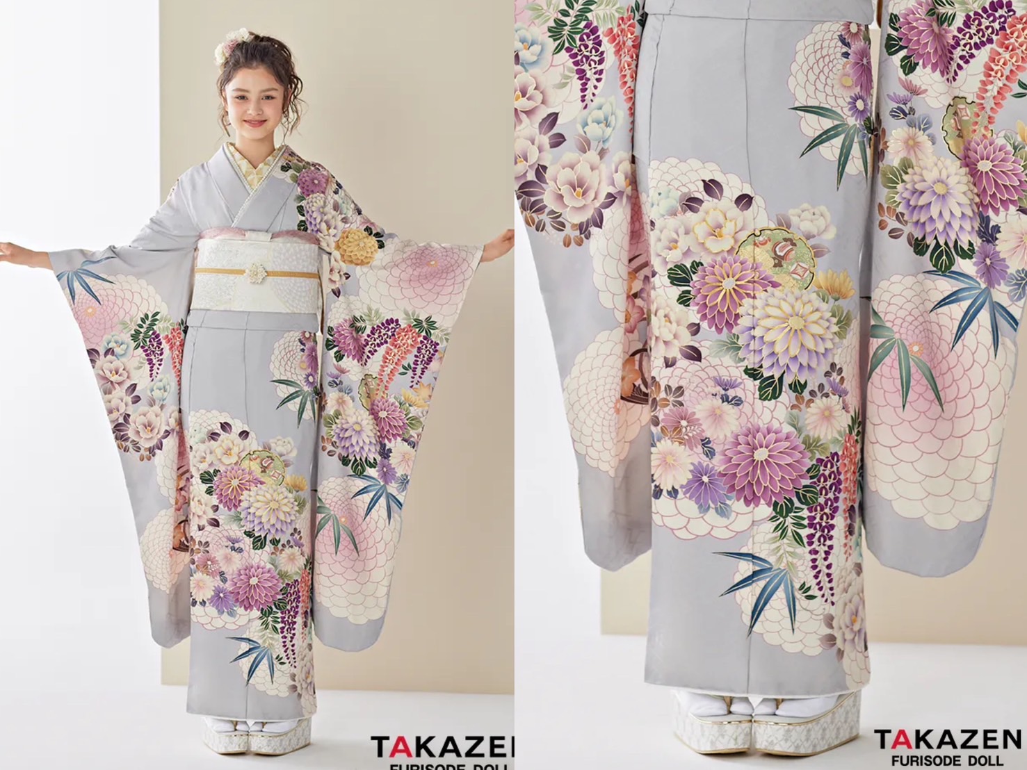 振袖　レンタル　奈良　振袖安い　くすみカラー古典　グレー/ニュアンスカラー　菊柄　清楚　大人っぽい　上品　統一感のある着こなし　ブリッジマン遊七