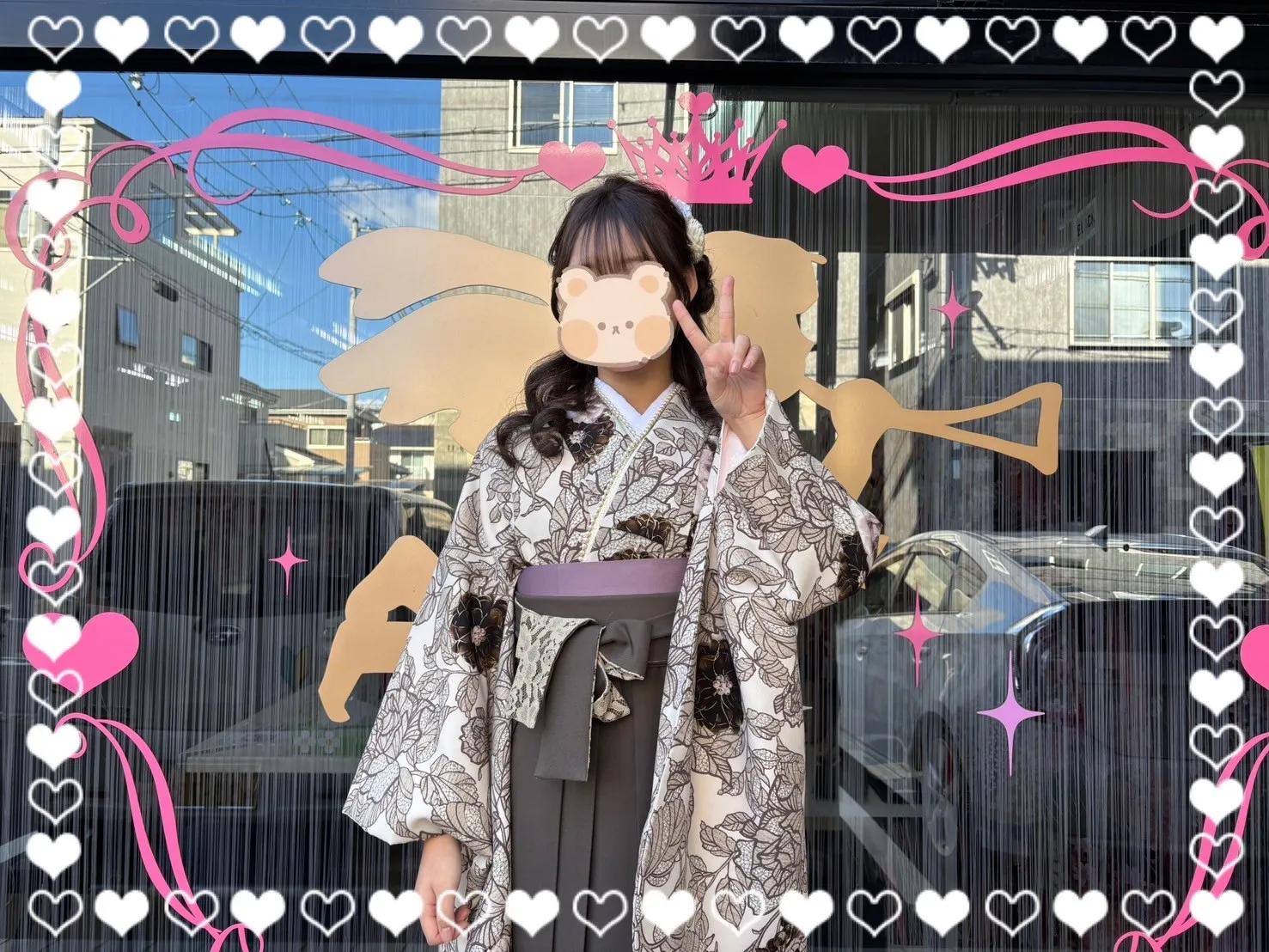 卒業式 袴 前撮り撮影会 玉城ティナ×紅一点ブランド袴 ブラウン/茶色/ダスティーカラー 洋柄 アンティーク調 人気 お洒落 リボン半襟