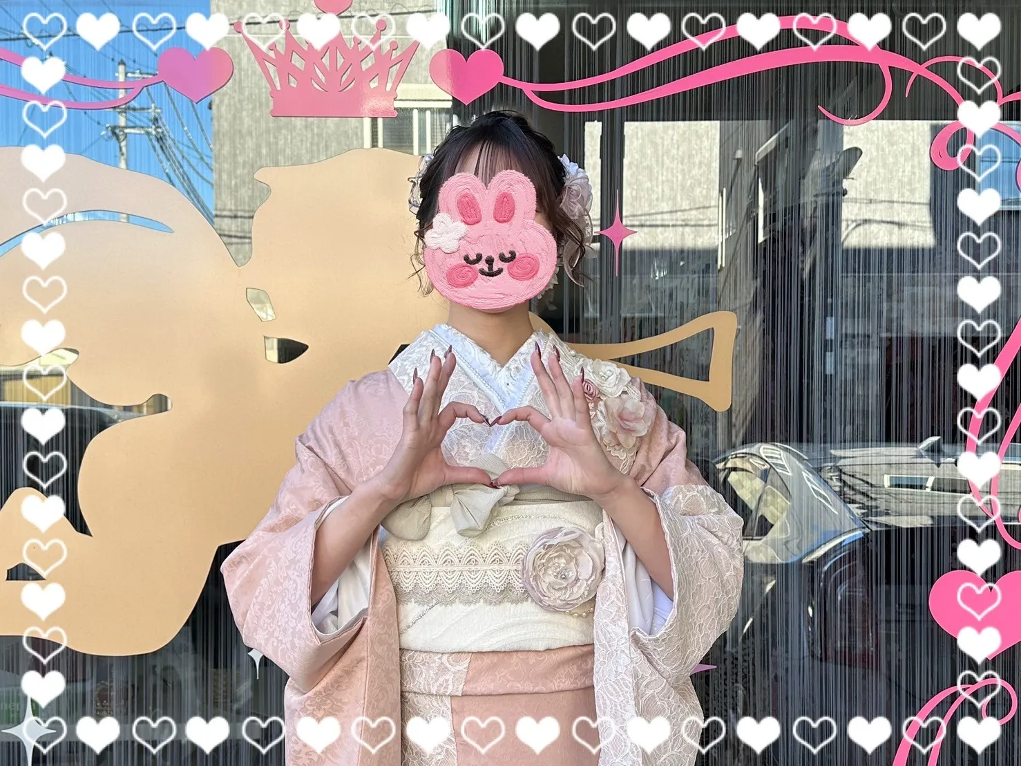 成人式 振袖 前撮り撮影会 ヘップバーンミニョン ピンクベージュ 立体花 フレンチガーリー おしゃれ かわいい 誰とも被らない レースインナー/ブーツコーデ 香音