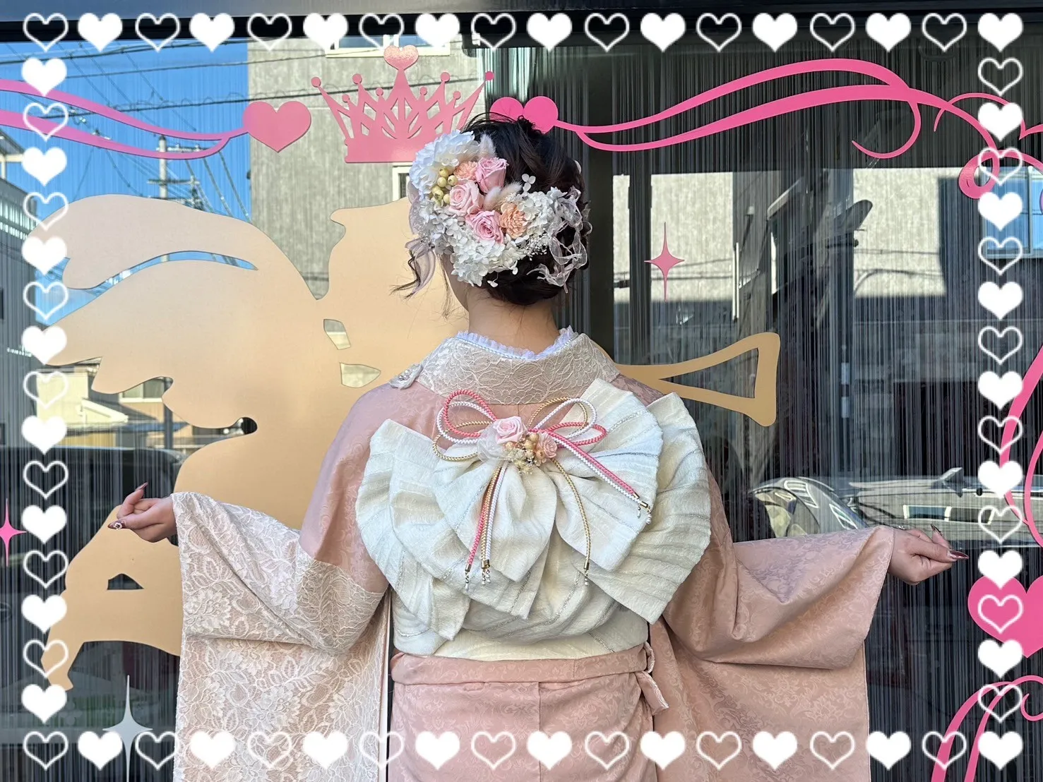 成人式 振袖 前撮り撮影会 ヘップバーンミニョン ピンクベージュ 立体花 フレンチガーリー おしゃれ かわいい 誰とも被らない レースインナー/ブーツコーデ 香音
