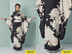 振袖 レンタル 奈良 振袖安い くすみカラーエレガント 黒/白/モノトーン 牡丹柄 大人っぽい 黒ベース レース小物コーデ ブリッジマン遊七