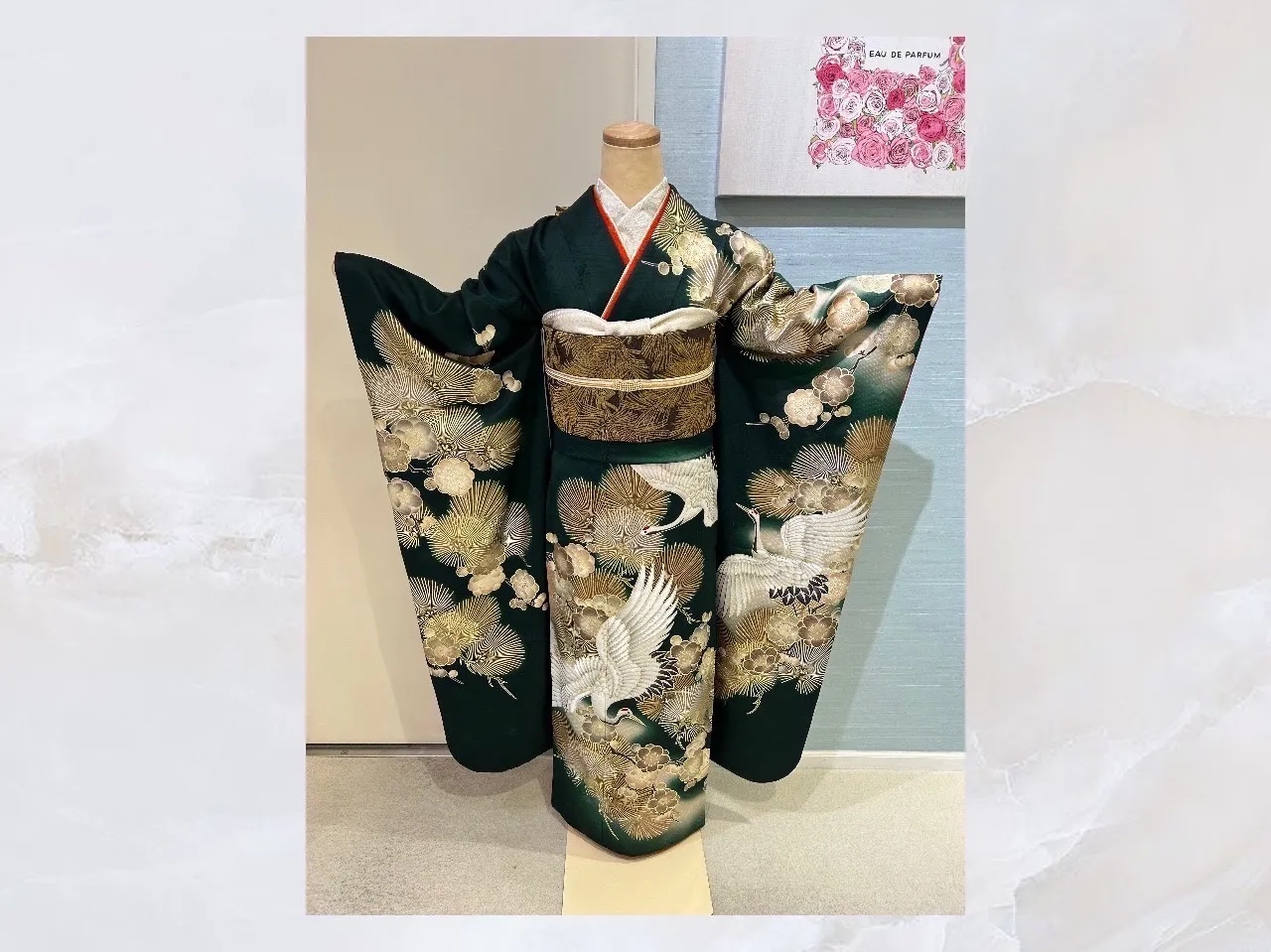 TAKAZEN　タカゼン　振袖レンタル　粋古典　緑振袖　鶴柄　綺麗め　かっこいい　上品