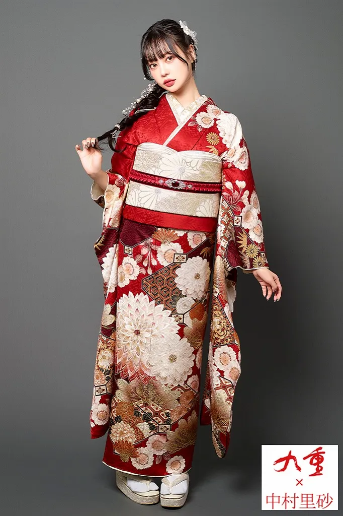 TAKAZENのレンタル振袖 九重×中村里砂 赤 菊柄/松柄 王道 レトロ古典振袖 定番 華やか 綺麗 モダン【通販可】K1162