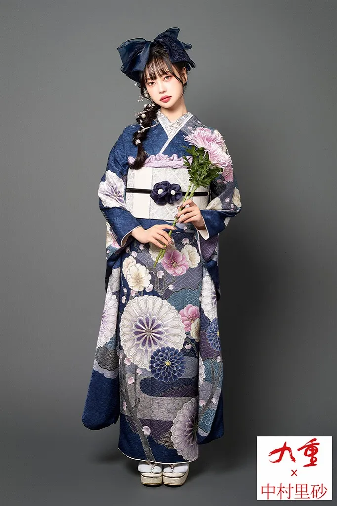 TAKAZENのレンタル振袖 九重×中村里砂 青 菊柄/大柄 レトロ古典 人とかぶらない振袖 寒色系 上品 綺麗【通販可】K1163