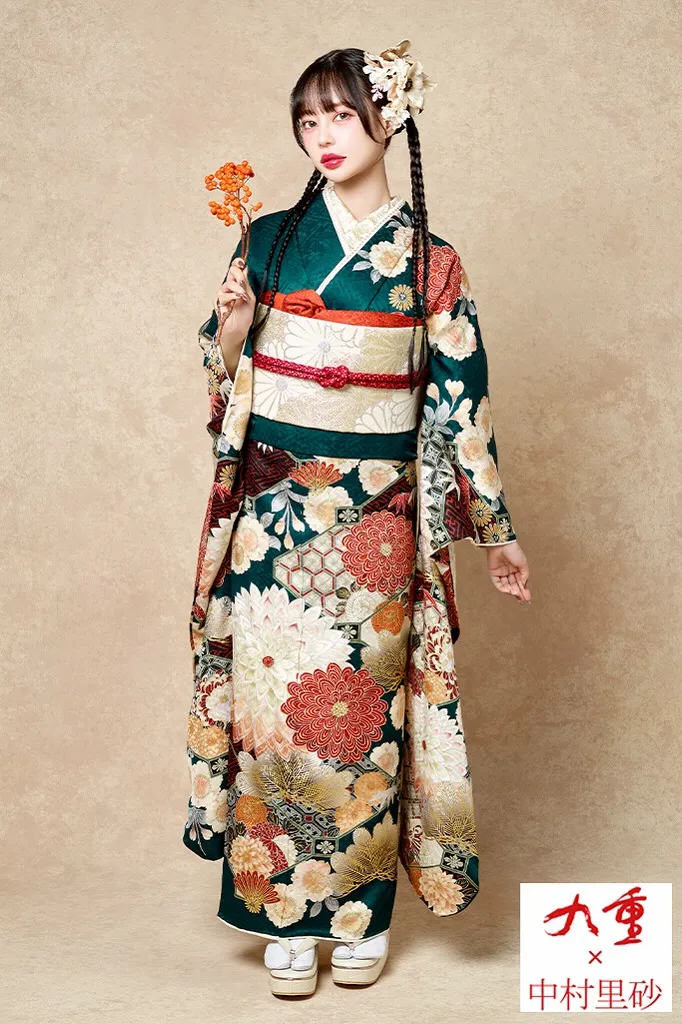 TAKAZENのレンタル振袖 九重×中村里砂 緑/グリーン 菊柄/大柄 レトロ古典 人とかぶらない振袖 大正ロマン 上品 王道【通販可】K1164