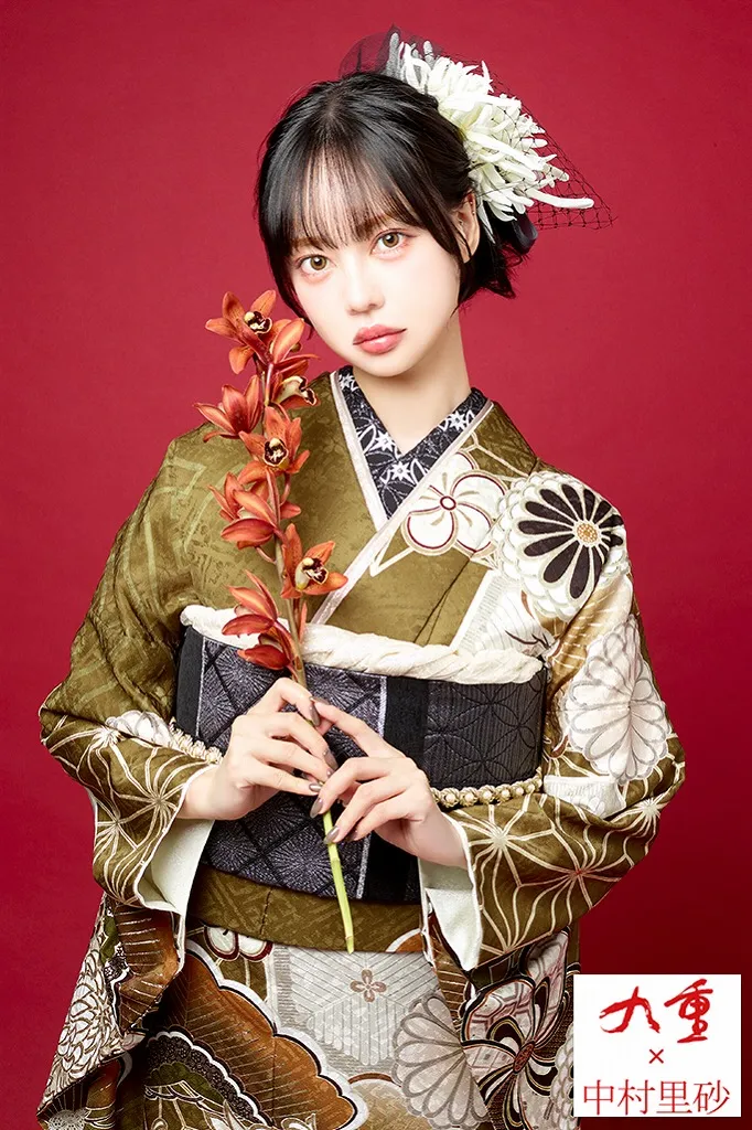 TAKAZENのレンタル振袖 九重×中村里砂　金茶/からし色　乱菊柄/ねじり梅柄　おしゃれ　流行　大人っぽい　人とかぶらない【通販可】K1166