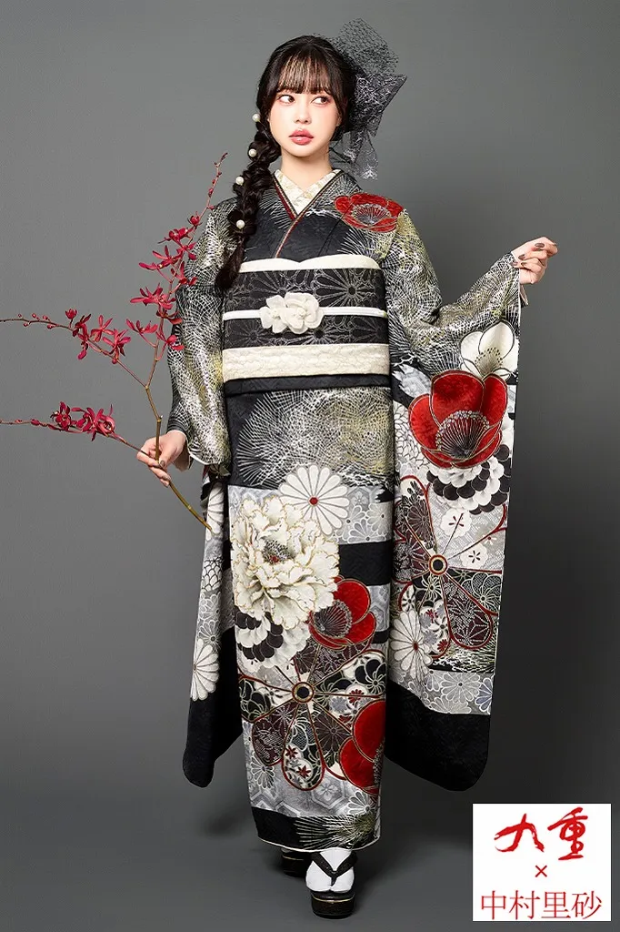 TAKAZENのレンタル振袖 九重×中村里砂 黒/赤 針松柄/牡丹柄/大柄 豪華 かっこいい 大人っぽい振袖 華やか 粋【通販可】K1171