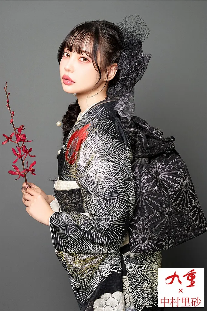 TAKAZENのレンタル振袖 九重×中村里砂　黒/赤　針松柄/牡丹柄/大柄　豪華　かっこいい　大人っぽい振袖　華やか　粋【通販可】K1171