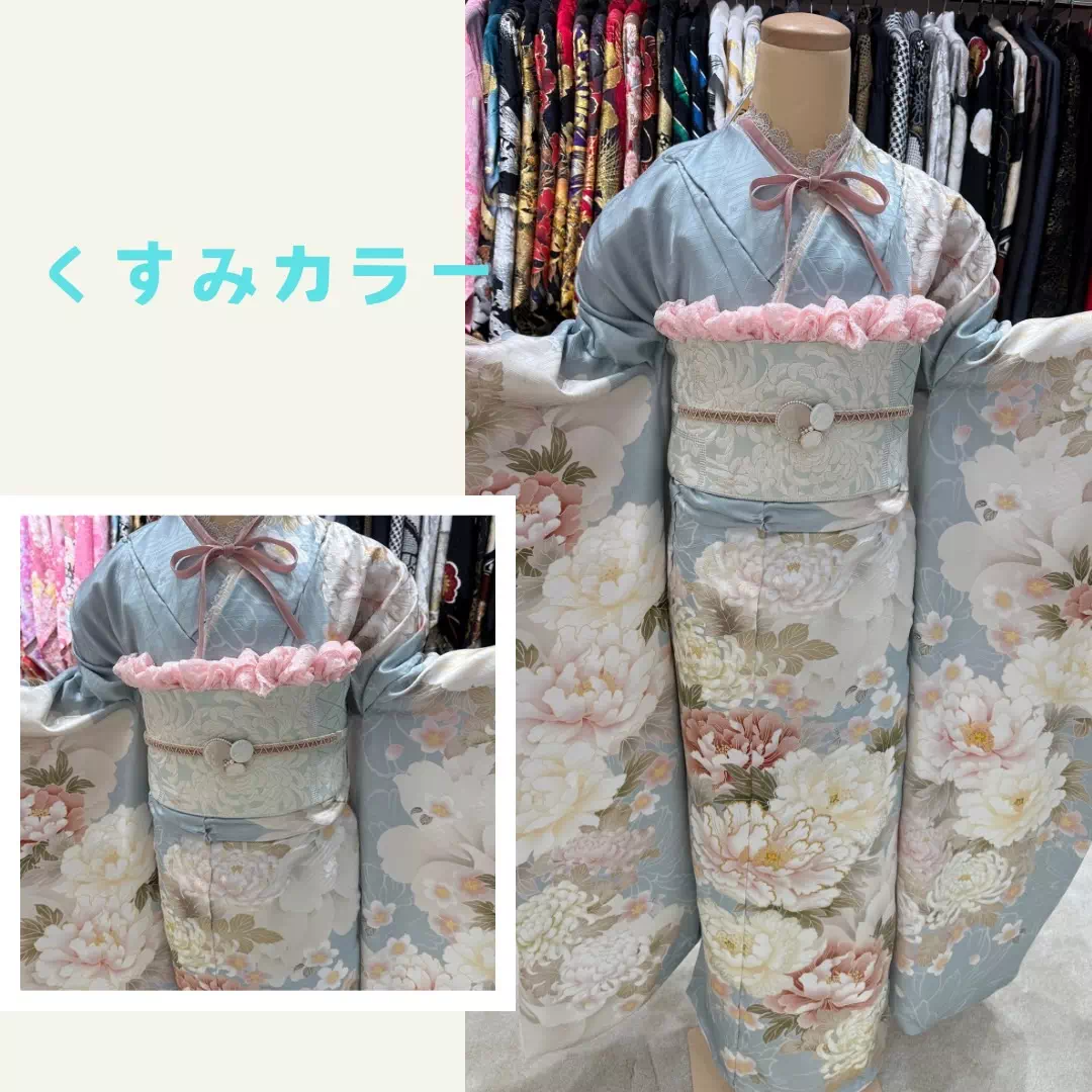TAKAZEN神戸店 振袖レンタル くすみ 水色 かわいい リボン 成人式