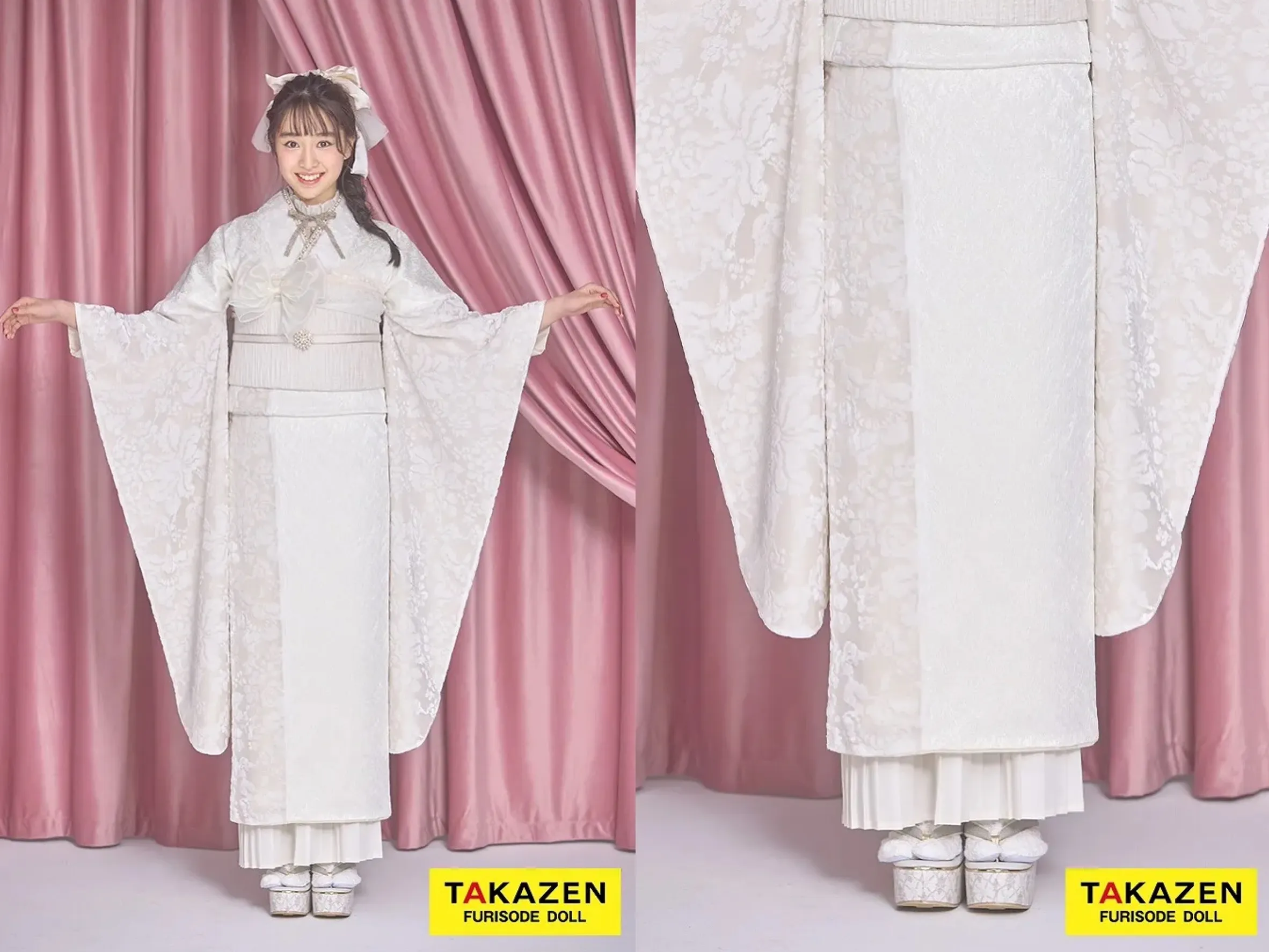TAKAZEN奈良店 振袖レンタル奈良 成人式振袖 最新作くすみカラー オフホワイト ベルベット生地/ジャガード生地 かわいい お洒落 プリーツスカート ガーリーな振袖 藤岡舞依【通販可】26056