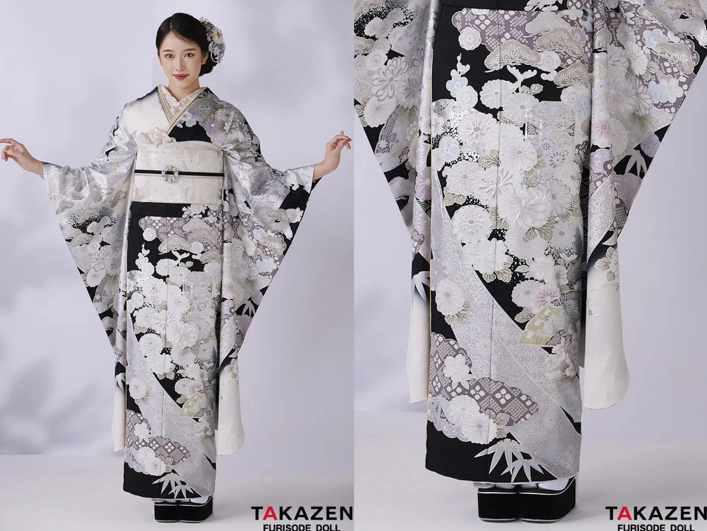 TAKAZEN奈良店 振袖 振袖レンタル奈良 成人式振袖 高級古典 関芳/最高級金彩刺繍友禅 黒/シルバー レース かっこいい 大人っぽい振袖 天翔天音【通販可】26033