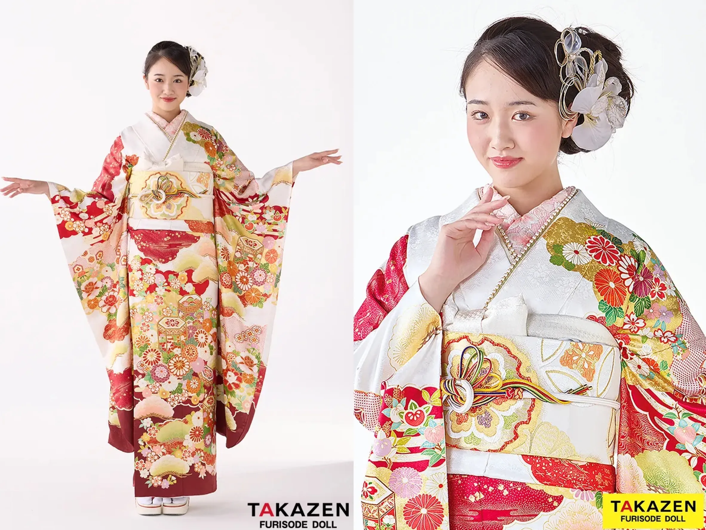 TAKAZEN奈良店　成人式振袖　振袖レンタル奈良　プレミアム古典　吉澤織物/最高級金彩手描友禅　白/赤　おしとやか　綺麗　人間国宝・吉田蓑助の世界　天翔愛【通販可】26026