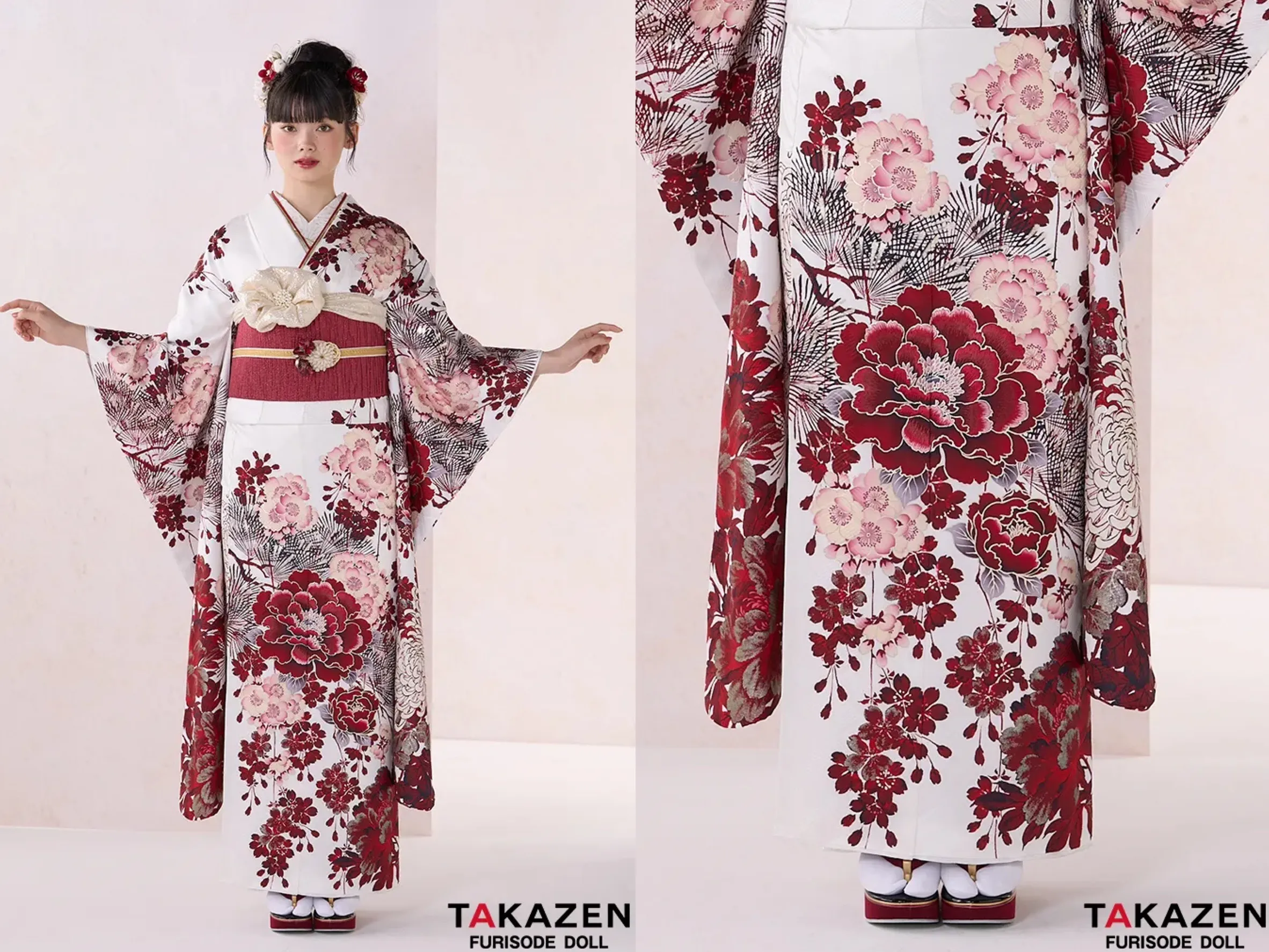 振袖 レンタル 奈良 正統派古典 華徒然×吉木千沙都 白/赤 牡丹柄 TAKAZENオリジナルカラー 綺麗 お洒落 大人っぽい 南琴奈