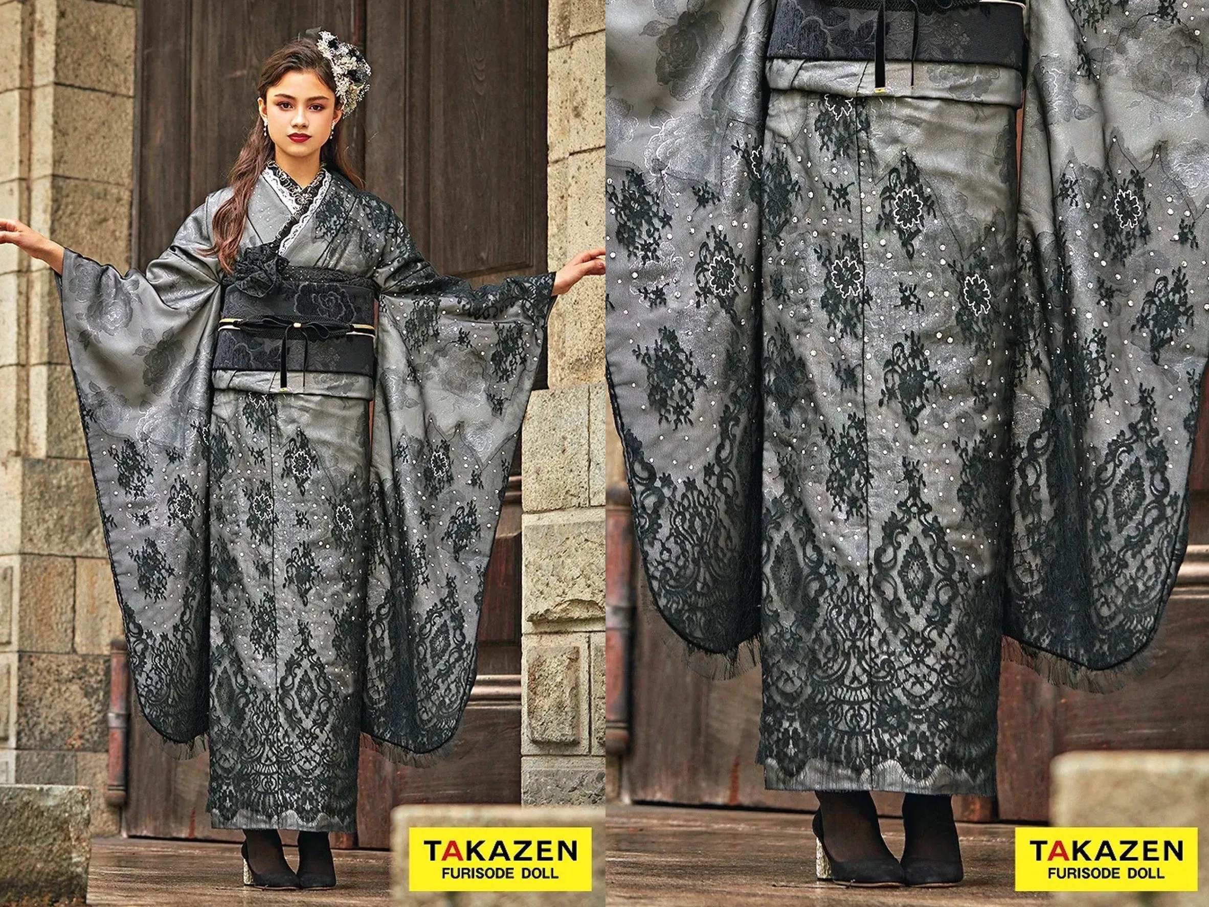 TAKAZEN奈良店 振袖レンタル奈良 成人式振袖 ニュースタイルデビュー“ブラックレーベル” 黒/ブラック 最高級リバーレース セレブ キラキラスワロフスキー付き オーガンジー振袖 【通販可】24076