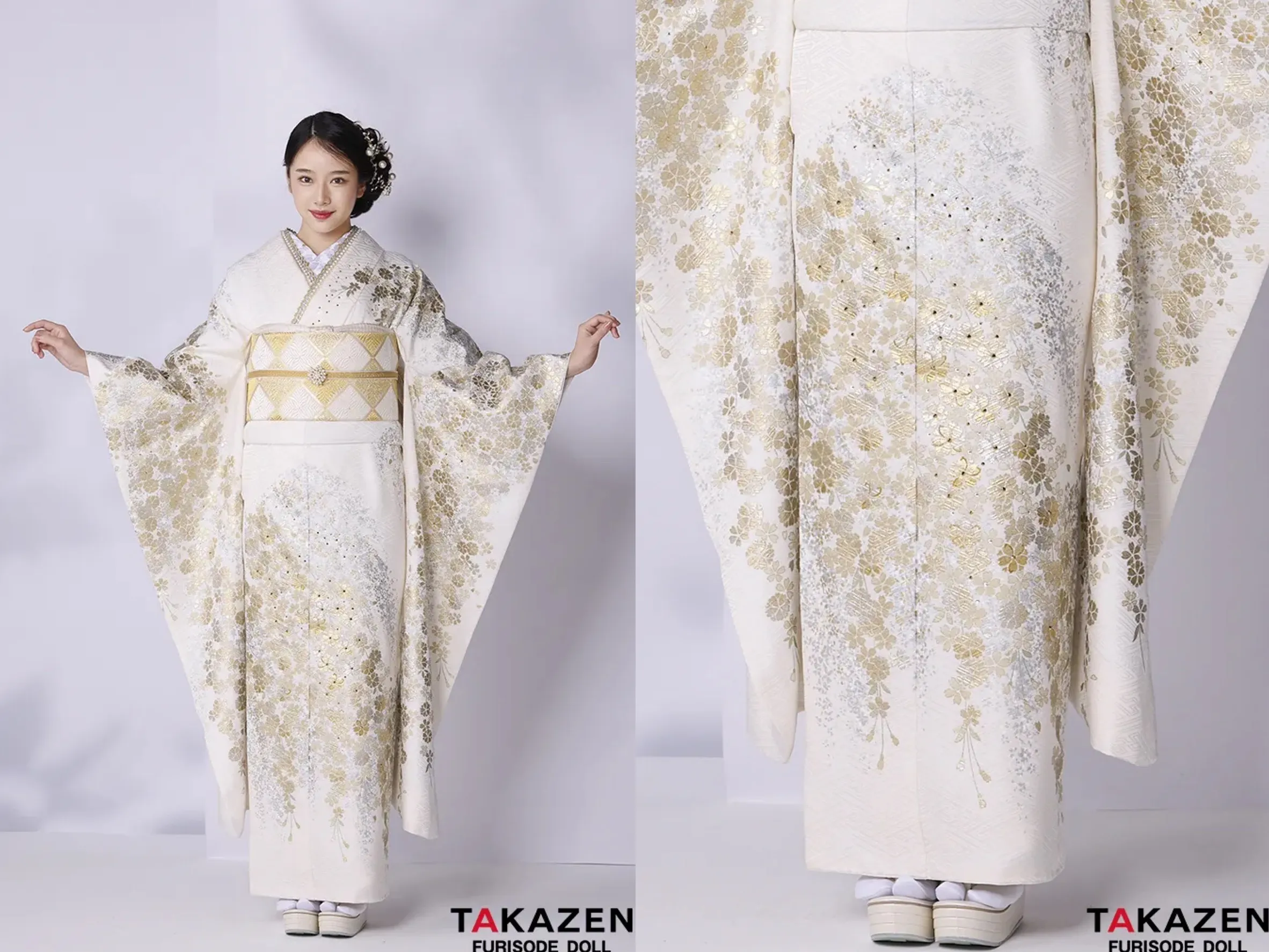 TAKAZEN奈良店 振袖レンタル奈良 成人式振袖 最高級古典柄振袖 関芳/最高級金駒金彩刺繍友禅 白/金 桜柄 キラキラ 上品 正絹 スワロフスキー付き 透明感のある 天翔天音【通販可】24039