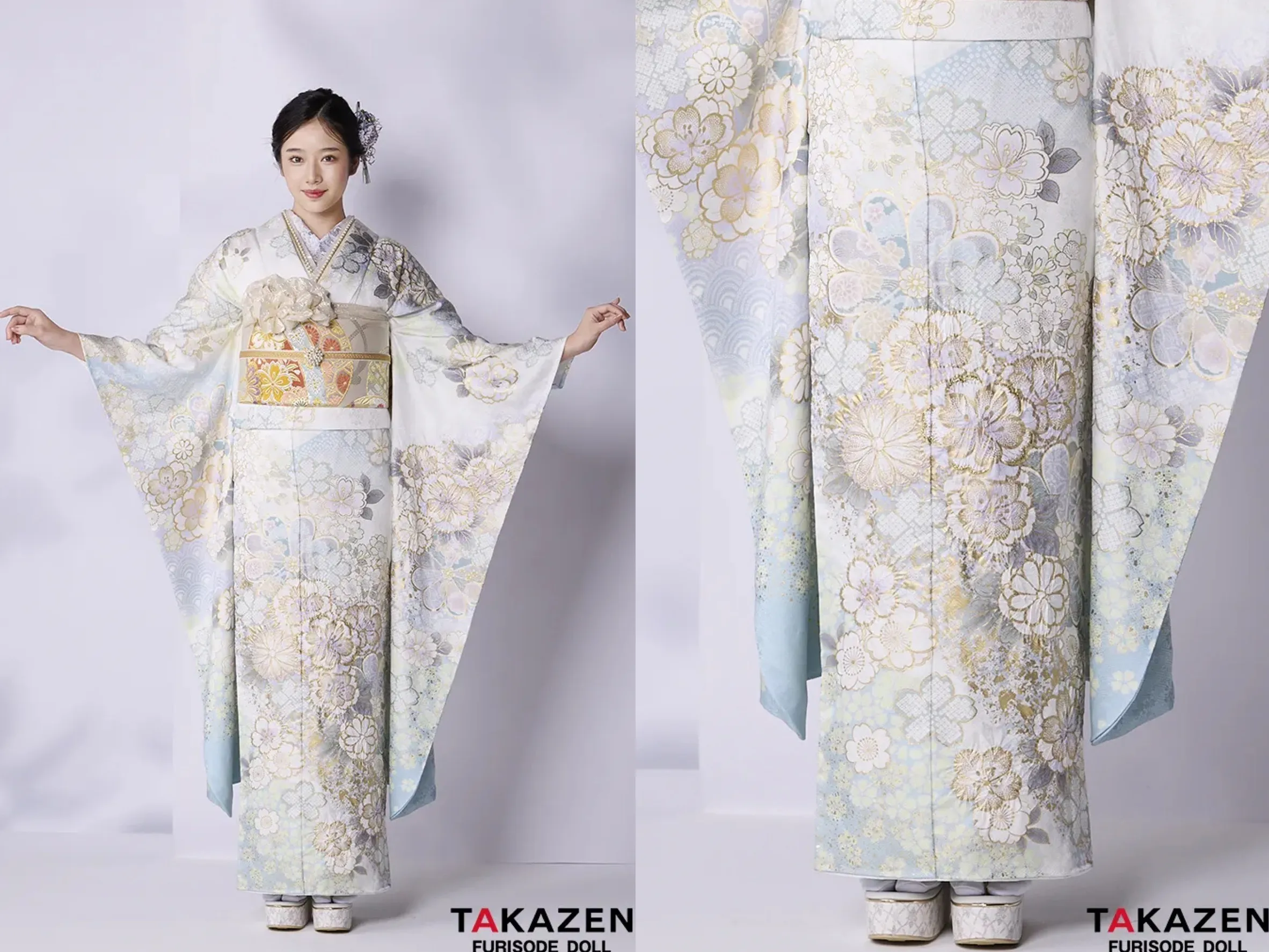 TAKAZEN奈良店 振袖レンタル奈良 成人式振袖 最高級古典柄振袖 関芳/最高級金彩刺繍絞り友禅 水色/白/淡い色 おしとやか 上品 透明感のある振袖 天翔天音【通販可】26037