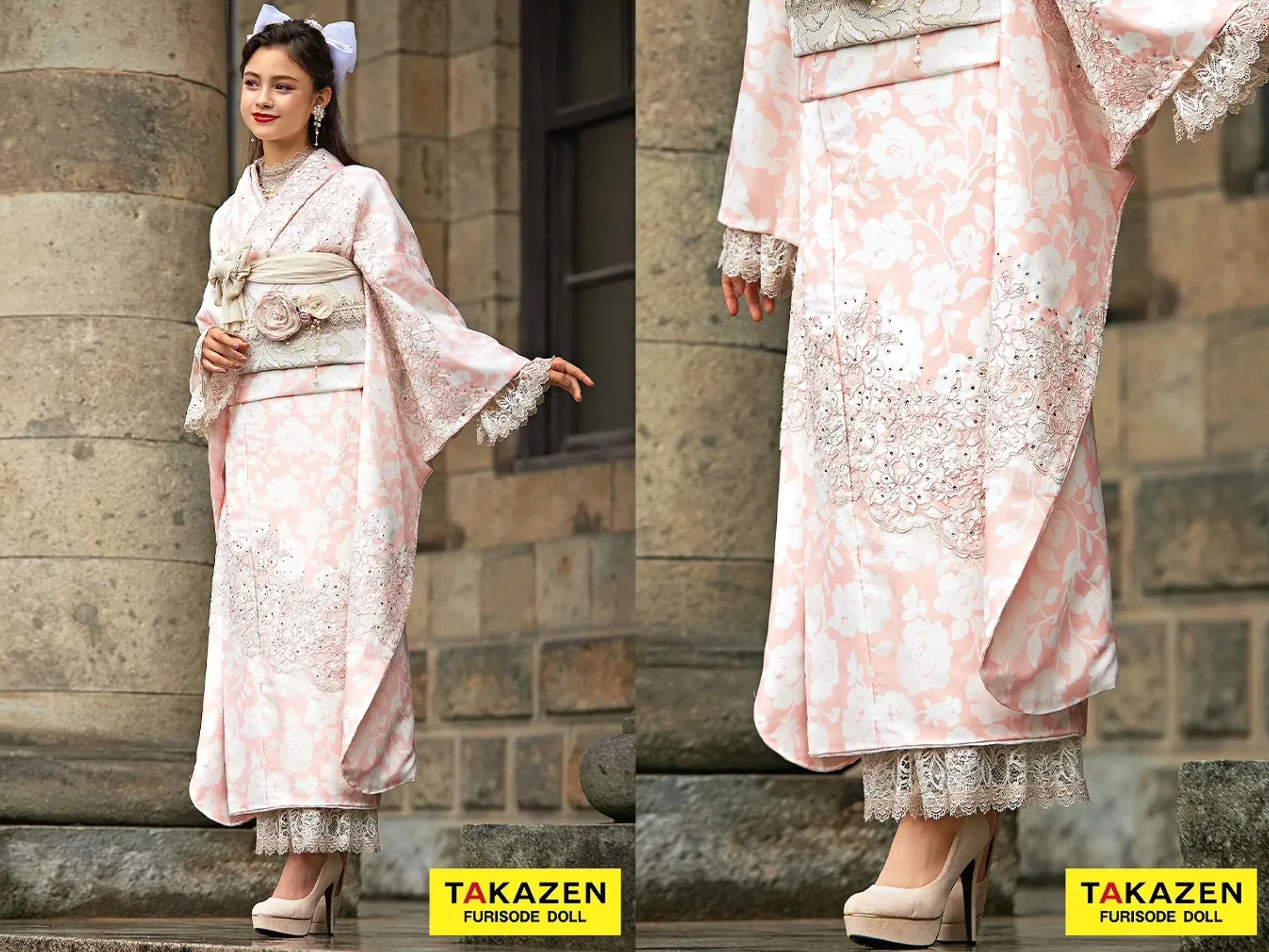 TAKAZEN奈良店 振袖レンタル奈良 成人式振袖 ニュースタイルデビュー“ブラックレーベル” 白/ピンク 最高級リバーレース レース小物コーデ ヒールコーデ オーガンジー振袖 【通販可】24079