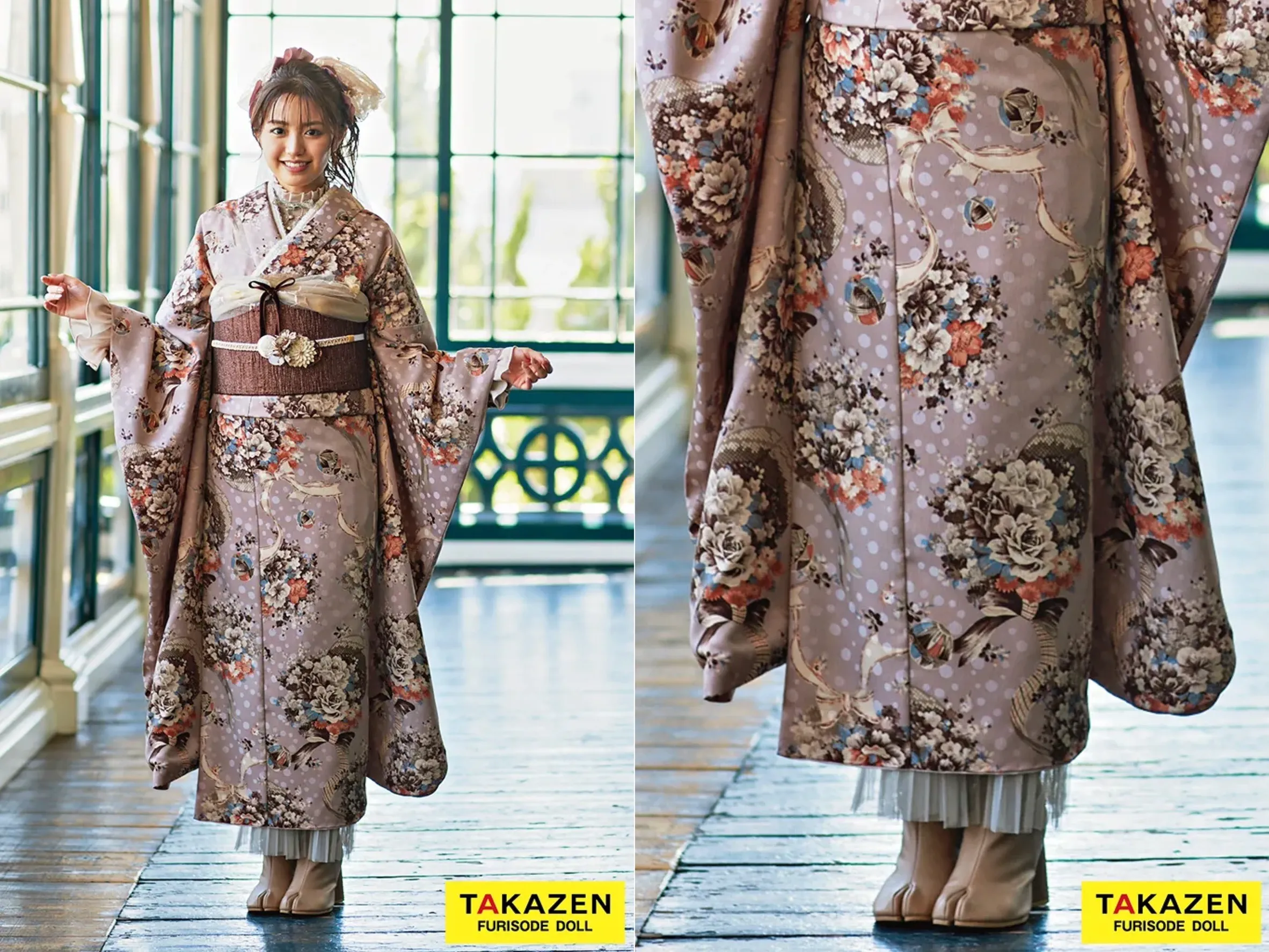 TAKAZEN奈良店 振袖レンタル奈良 成人式振袖 くすみカラーレトロ ダスティーピンク リボン柄/ブーケ柄 アンティーク調 フレンチガーリー 足袋ブーツ/付け襟 香音【通販可】25011