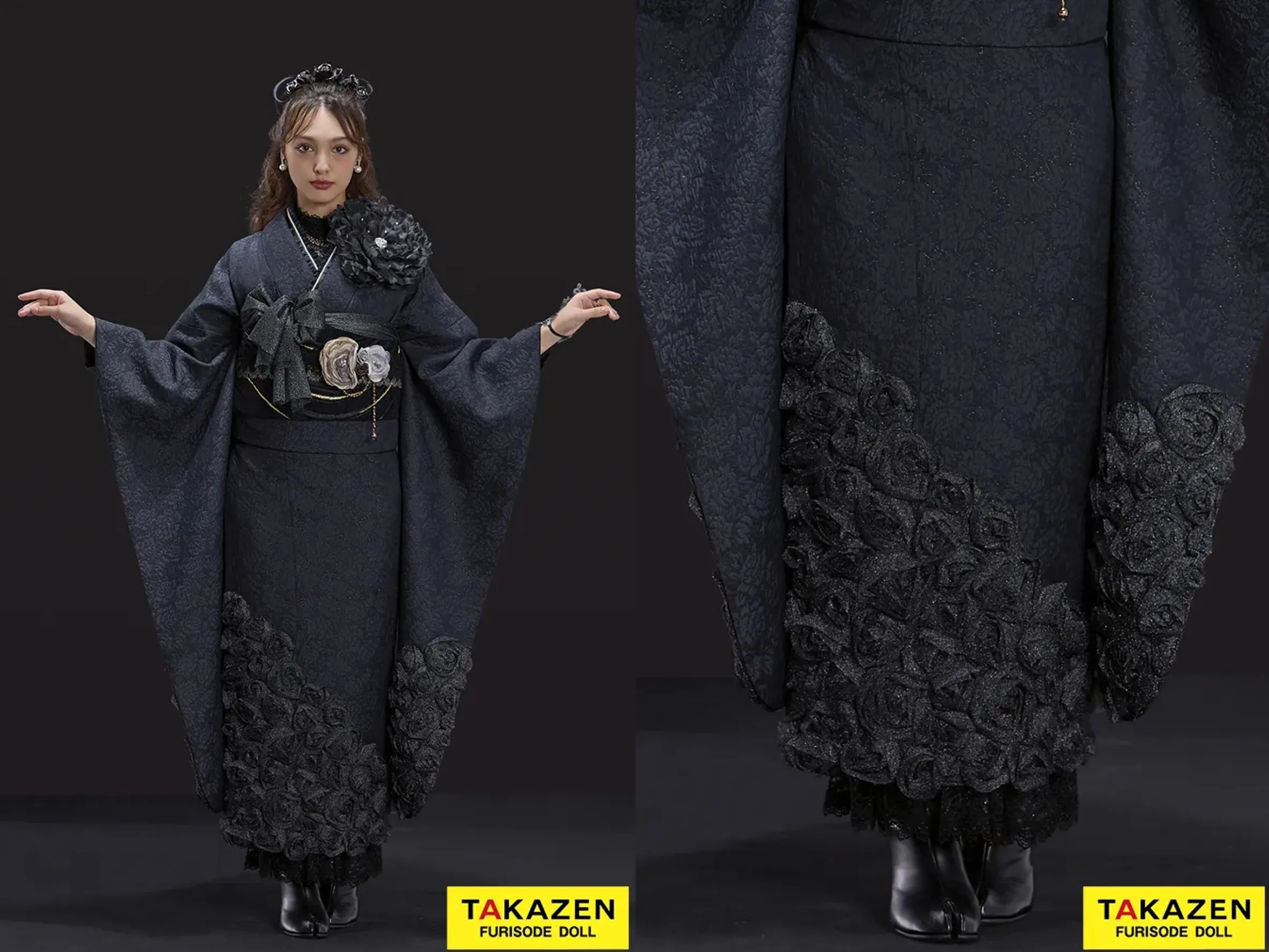 最新作ヘップバーンローズ　黒　薔薇付き　立体花　ラグジュアリー　誰ともかぶらない　レースインナー/ブーツスタイル　オールブラックコーデ　香川るな【通販可】26007