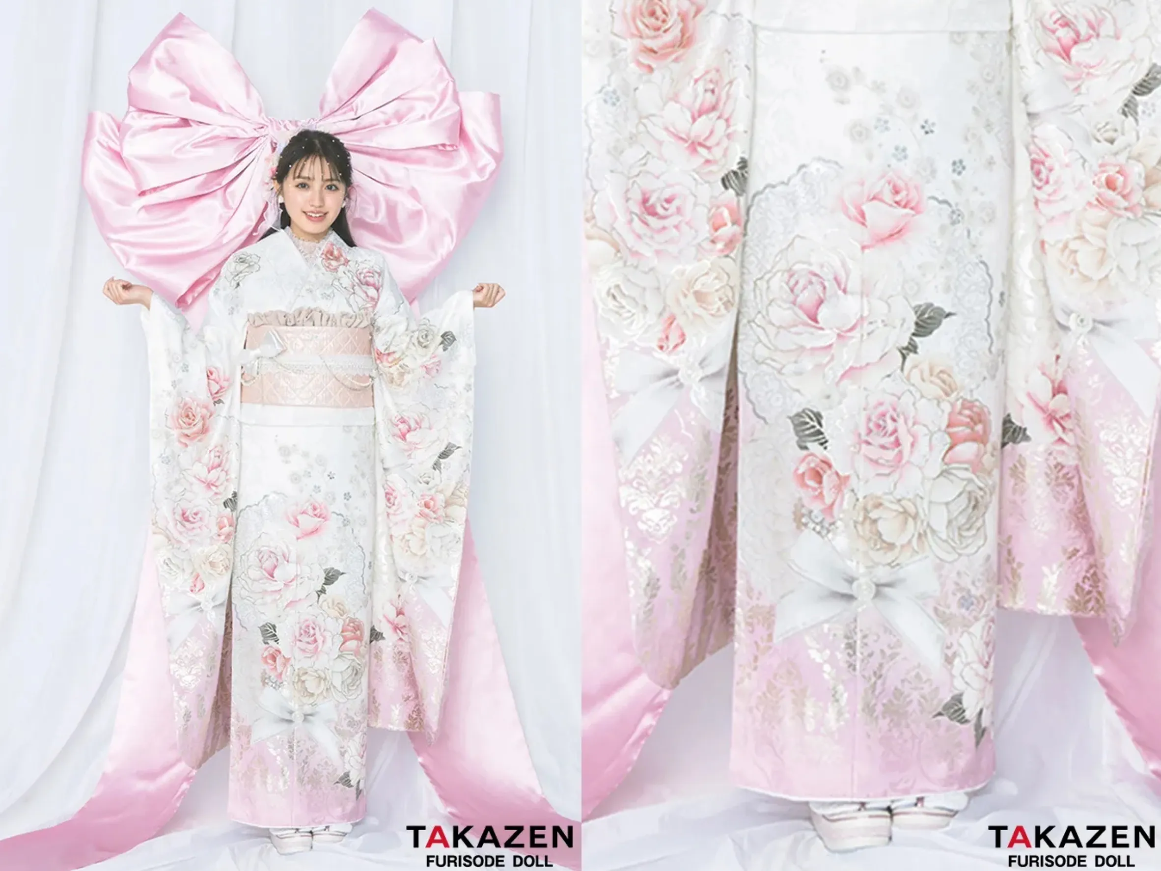 奈良 振袖レンタル 最新作ヘップバーンコスメカラー 白/ピンク 薔薇柄 かわいい スワロフスキー/パール付き ガーリー キルティング帯 おしゃれ 香音