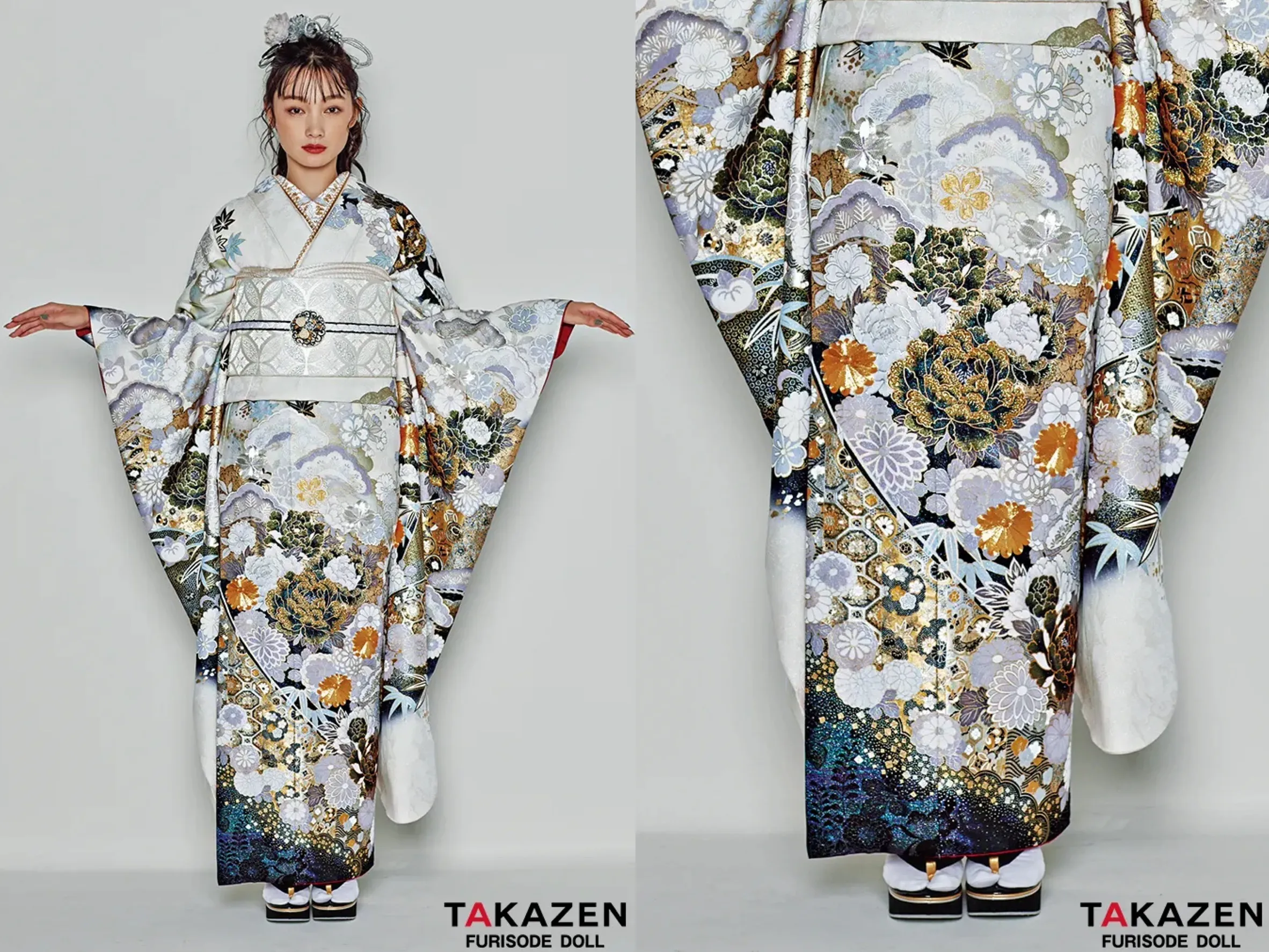 振袖　レンタル　奈良　帯　可愛い　アレンジ　華やか　綺麗　ニュースタイルデビュー“ブラックレーベル”　白/ホワイト　ジャガード生地/ケミカルレース　ビジュー付き　エレガント　リボンアレンジ【通販可】25079　粋古典　白/グレー/金　牡丹柄　シック　白地　渋い振袖　大人っぽい　花魁風　かっこいい　煌びやか【通販可】31121